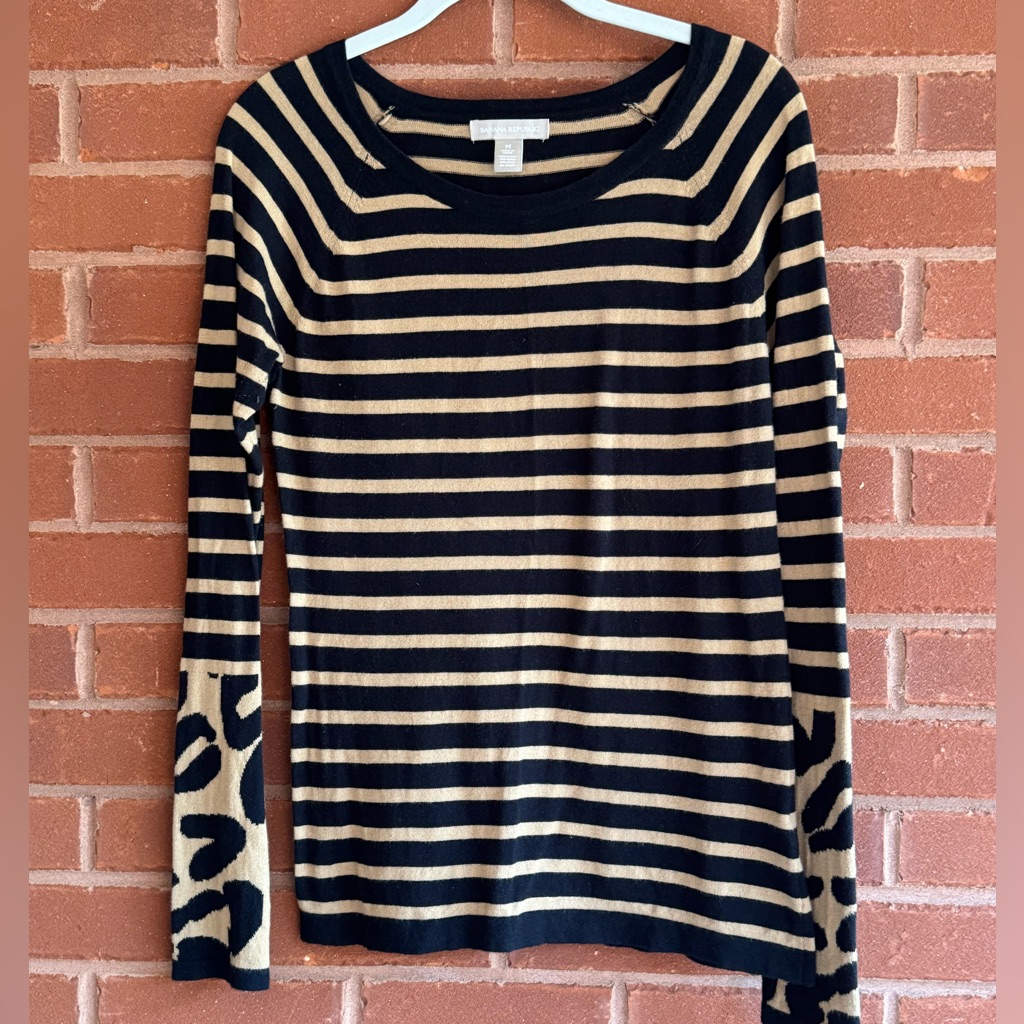 Vintage Banana Republic Black And Tan Stripe Sweater With Leopard Print Detail